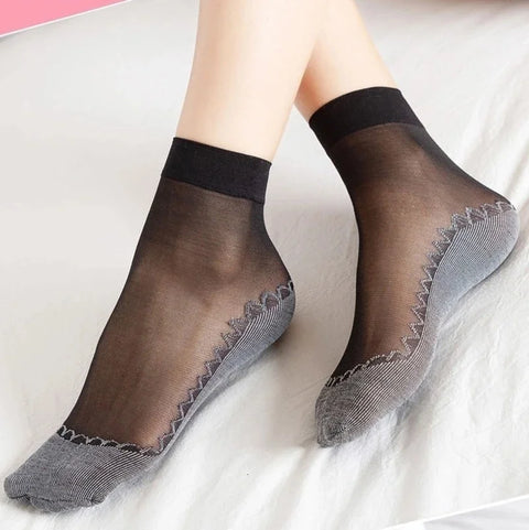 10Pairs Soft Thin Silk Non-Slip Bottom Splice Fashion Transparent Breathable Black Girls Women Socks