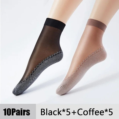 10Pairs Soft Thin Silk Non-Slip Bottom Splice Fashion Transparent Breathable Black Girls Women Socks