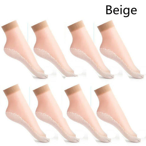 10Pairs Soft Thin Silk Non-Slip Bottom Splice Fashion Transparent Breathable Black Girls Women Socks